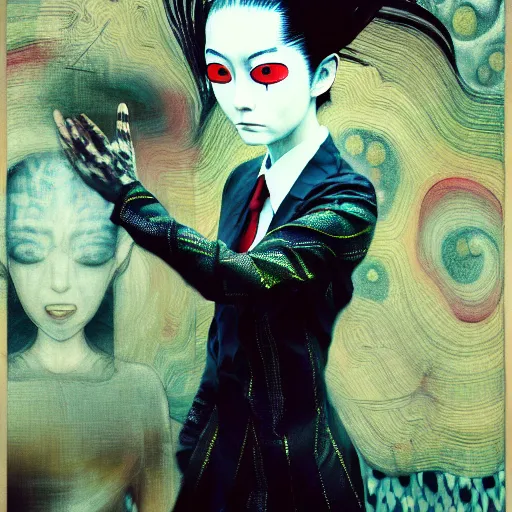 Image similar to yoshitaka amano blurred and dreamy realistic three quarter angle portrait of a woman with white hair and black eyes wearing dress suit with tie, junji ito abstract patterns in the background, satoshi kon anime, noisy film grain effect, highly detailed, renaissance oil painting, weird portrait angle, blurred lost edges