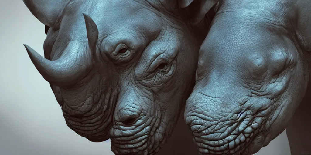 Prompt: hyperrealistic bust portrait of an anthropomorphic blue Rhinoceros wearing plate paladin armor, forward angle, stunning 3d render inspired art by Tooth Wu and beeple, greg rutkowski and artgerm and justin gerard + perfect facial symmetry + dim volumetric lighting, 8k octane beautifully detailed render, post-processing, extremely hyperdetailed, intricate complexity, epic composition, grim yet sparkling atmosphere, cinematic lighting + masterpiece, trending on artstation