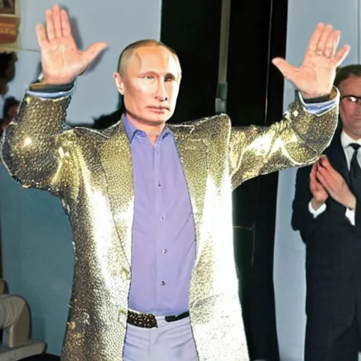 Prompt: Putin wearing a disco suit in Saturday Night Fever