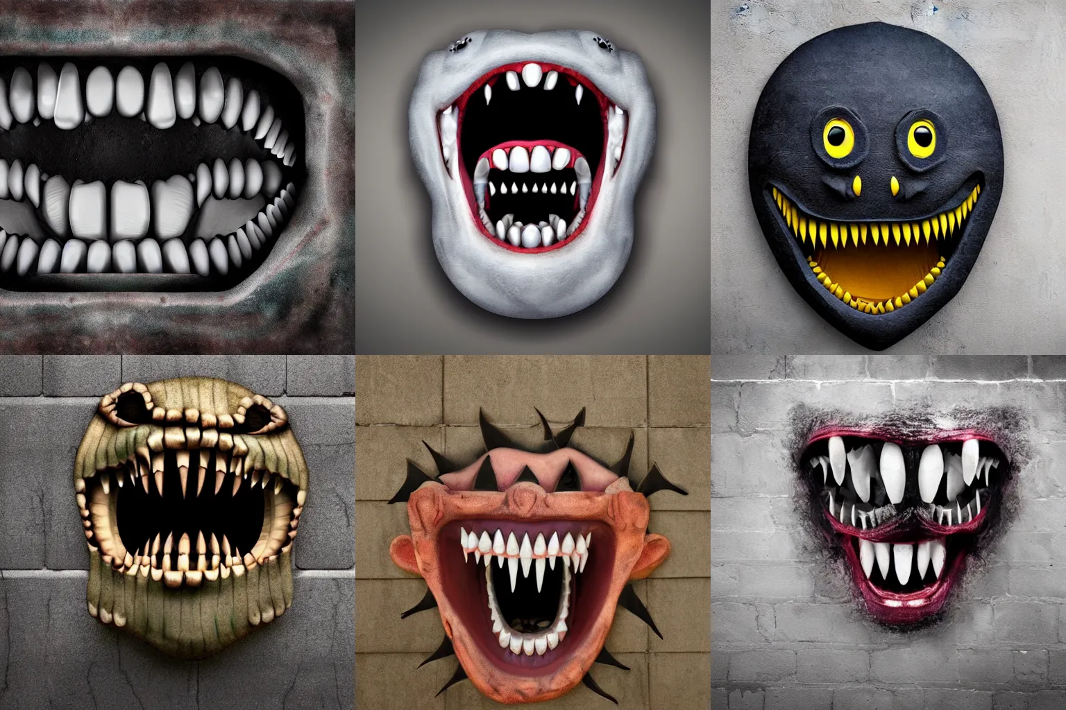 Prompt: wall with giant mouth with many teeth teeth teeth teeth teeth teeth teeth dark horror realistic