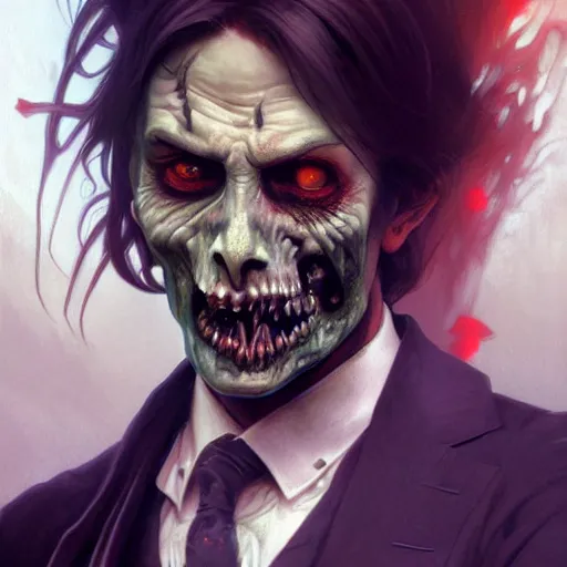 Image similar to a zombie in a business suit, artists portrait, fantasy, highly detailed, digital painting, concept art, sharp focus, depth of field blur, illustration, art by artgerm and greg rutkowski and alphonse mucha