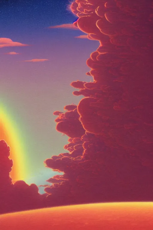 Image similar to a scifi apocalypse in space of a spiritual being dreaming psychedelic hallucinations in cosmos, rainbow colored clouds, by kawase hasui, moebius, Edward Hopper and James Gilleard, Zdzislaw Beksinski, Steven Outram, unreal engine, highly rendered, hd, 8k, artstation