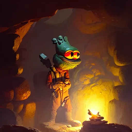 Image similar to happy pepe the miner in the cave, greg rutkowski