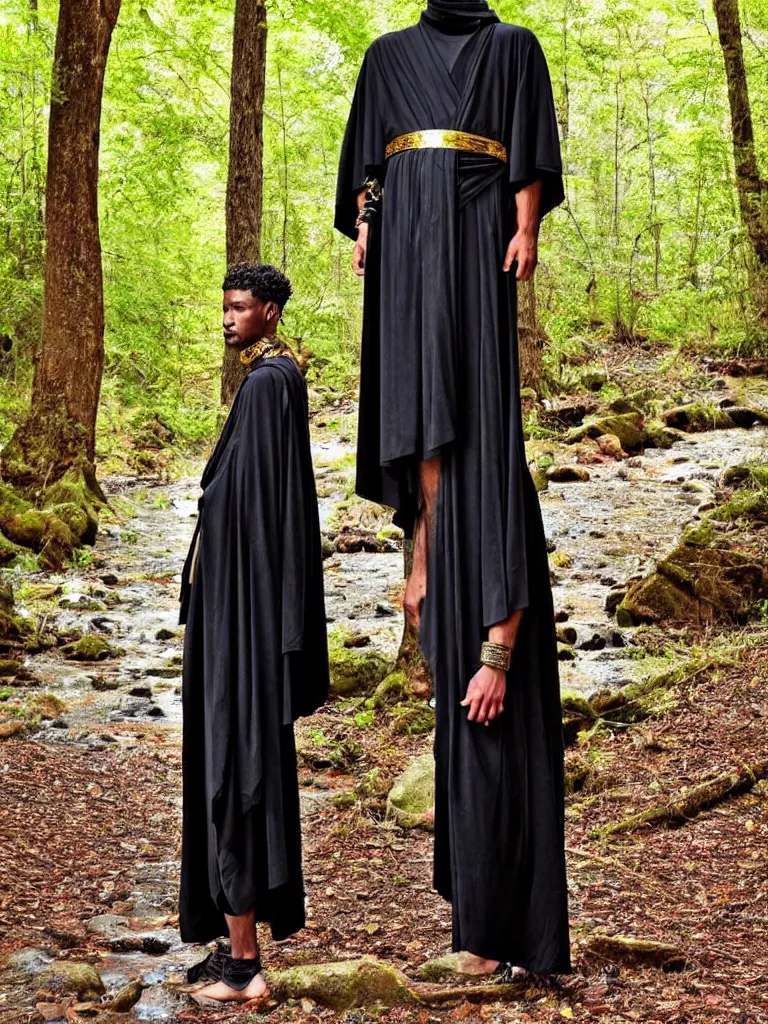 Prompt: full body shot longshot modern intricate textile ancient roman toga cloak black skin chiseled chin walking along the small creek in the woods versace colorful black gold