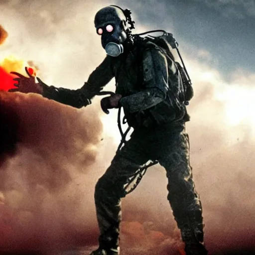 Prompt: a movie by James Cameron showing a zombie in a gas mask pressing the button to launch a nuclear missile.