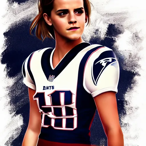 Image similar to emma watson in new england patriots football uniform fanart, digital art, trending on artstation