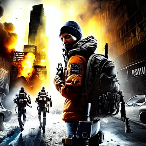 Image similar to the division poster set in an apocalyptic los angeles, agent standing with a gun in the foreground, cinematic, 4 k