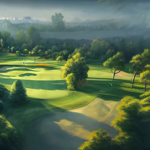 Image similar to Concept art, beautiful painting of a small golf course in the midst of metropolis city, 8k, Jeremy Cheung, greg rutkowski, artstation, aerial view