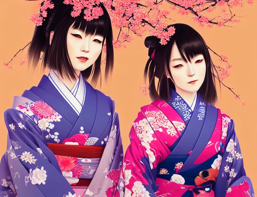 Image similar to two beautiful charming japan girls wear arty kimono in festival | | sunny night, full moon, dreamlike art, realistic shaded, smile, good looking, hyper details, 4 k realistic, cryengine, realistic shaded lighting poster by ilya kuvshinov, fuji choko, ross tran, 8 k resolution, trending on artstation, luxury