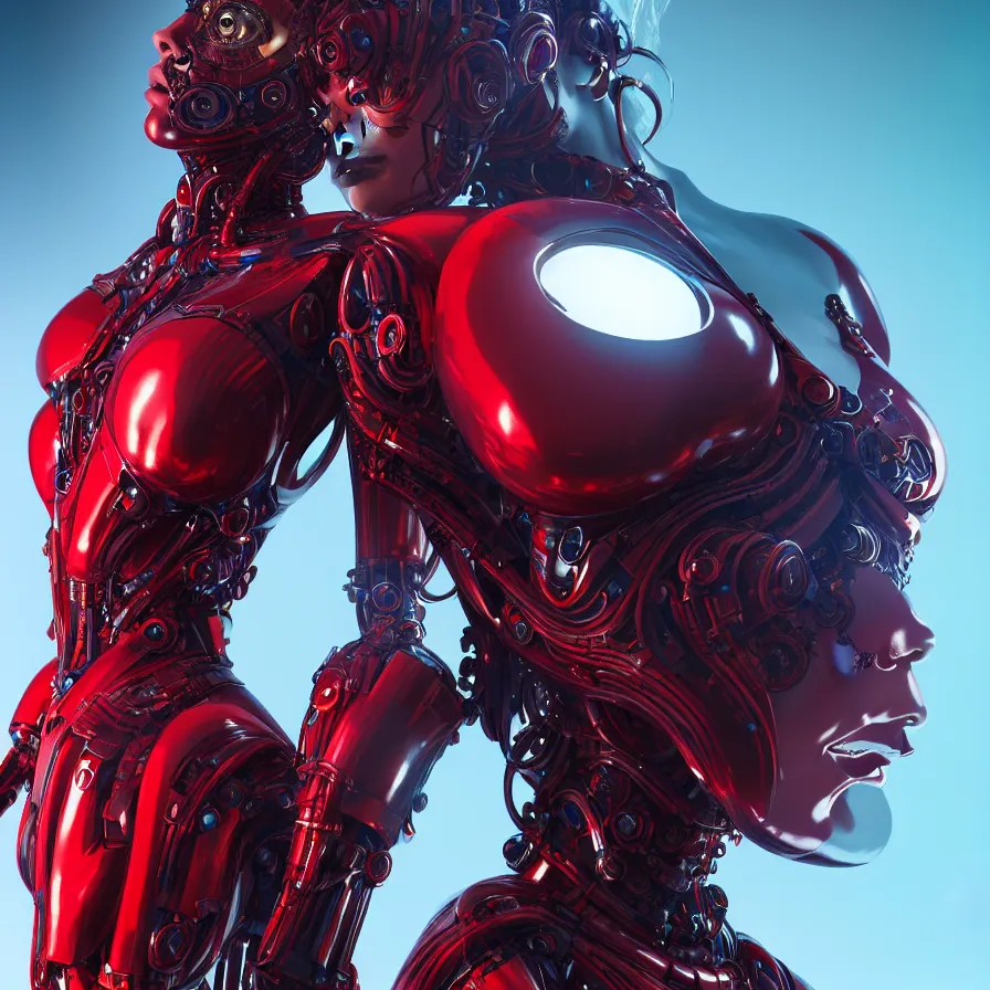 Prompt: portrait, super hero pose,! woman! red biomechanical dress, inflateble shapes, wearing epic bionic cyborg implants, masterpiece, intricate, biopunk futuristic wardrobe, highly detailed, art by akira, mike mignola, artstation, concept art, background galaxy, cyberpunk, octane render