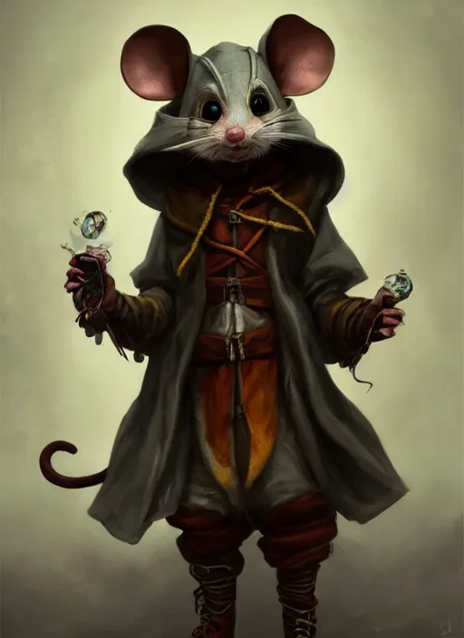 Prompt: full body concept, very fine art oil painting of a cute and sneaky D&D style anthropomorphic mouse hooded thief with a very beautiful face wearing full intricate clothing, ultra detailed, octane render, 4K, dystopian background, micro details