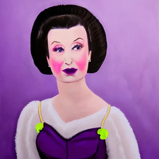 Image similar to portrait of woman wearing an elegant black vintage 50s swing dress and a white fur boa and matte bold makeup, she has a 50s poofy hairstyle and bright eyes, determined expression, illuminated by cyan and purple neon lights, hard light, painting