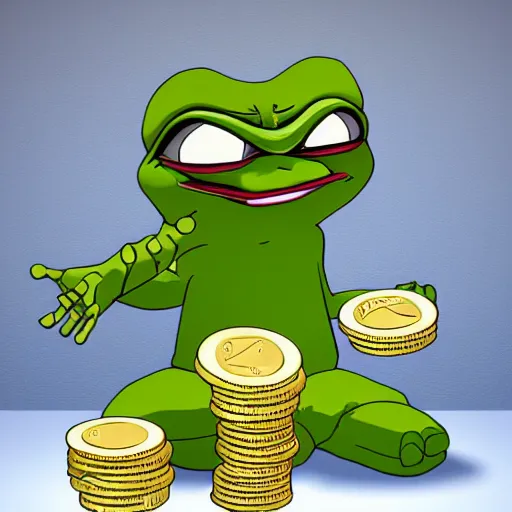 Image similar to pepe with coins, artstation