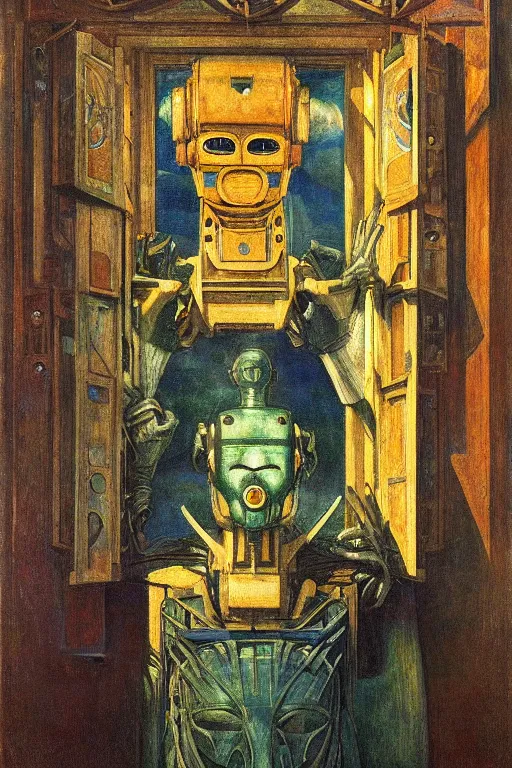 Image similar to the queen in her robot mask stands by the window, by Annie Swynnerton and Diego Rivera and Elihu Vedder, symbolist, dramatic lighting, night time, elaborate geometric ornament, Art Brut, soft blues and greens,smooth, sharp focus, extremely detailed, Adolf Wölfli and (Evelyn De Morgan)