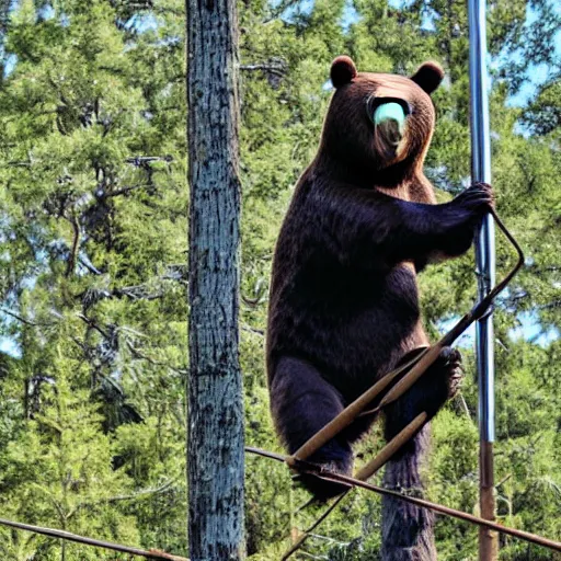 Image similar to the bear sits on a high pole and repairs high-voltage wires. High-resolution photo.