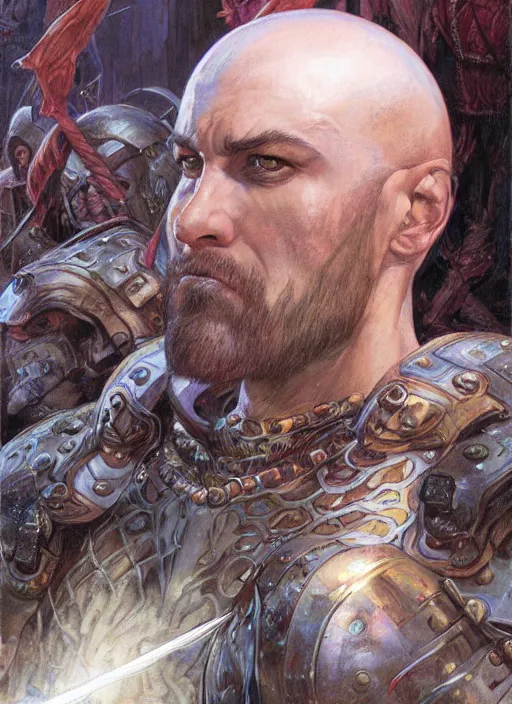 Prompt: a fantasy comic book style portrait painting of a bald male warrior, art by donato giancola and bayard wu and gustav moreau and wayne barlowe