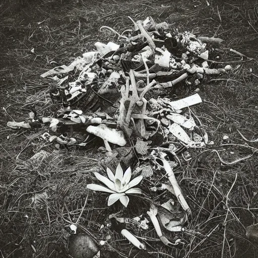 Prompt: “analogue moody details photo of plant made of garbage and bones”