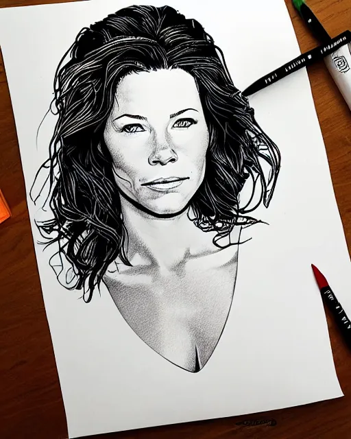 Image similar to portrait of evangeline lilly, stencil, coloring book, line art, simple, low detail