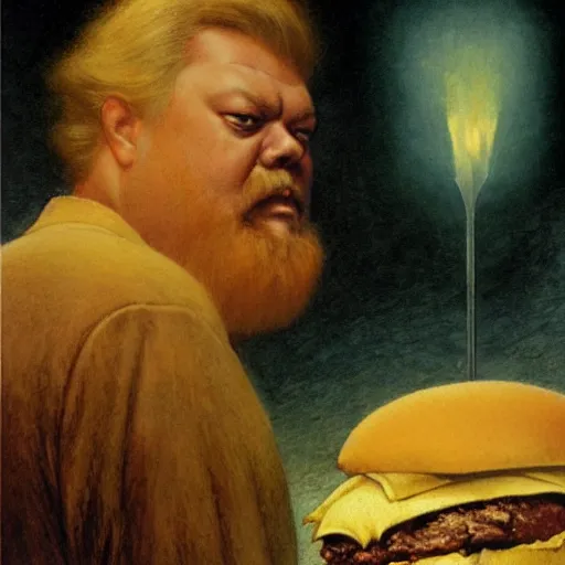 Prompt: orson welles hunting a giant hamburger, melancholy, mysterious, dark, concept art, sharp focus, illustration, by delphin enjolras, by carlos schwabe, by gustave dore