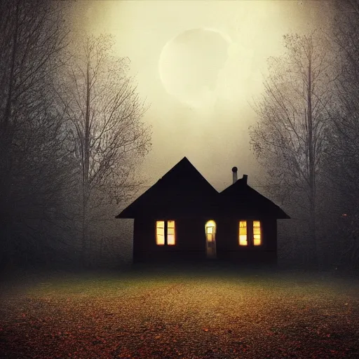 Image similar to dark forest with scary wooden house, full moon, cinematic scene