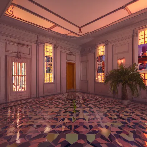 Prompt: interior of a vaporwave mansion high detail 3D rendered render in unreal engine 8K god rays volumetric lighting trending on art station
