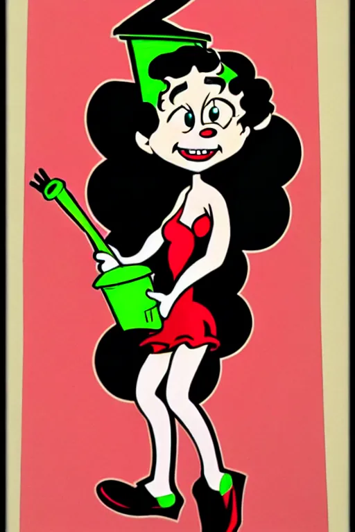 Image similar to full view, from a distance, of anthropomorphic trashcan who is betty boop from 1 9 3 0, full of trash, highly detailed