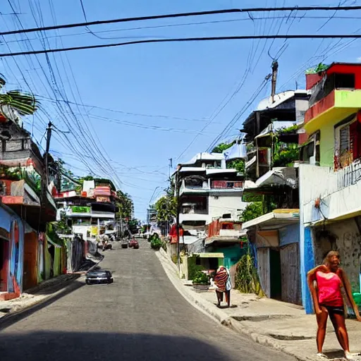 Prompt: a urbanized favela, nice street, trees on the sidewalks, no wires over the city, nice cars in the street, joyful people