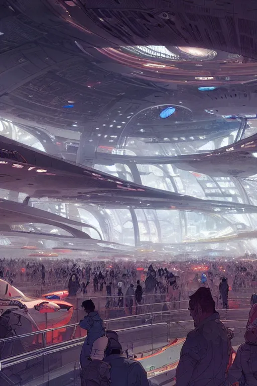 Prompt: the interior of a futuristic spaceport, large crowd of people, by kim jung gi and greg rutkowski, rule of thirds