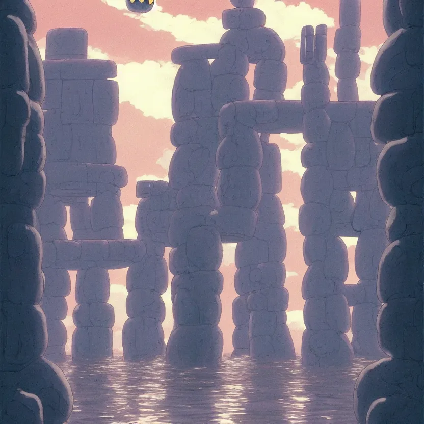 Image similar to a realistic cell - shaded studio ghibli concept art from paprika ( 2 0 0 6 ) of a flying intelligent dull grey mechanical octopus from close encounters of the third kind ( 1 9 7 7 ) in a flooded monument valley stonehenge. very dull colors, wide shot, hd, 4 k, hq