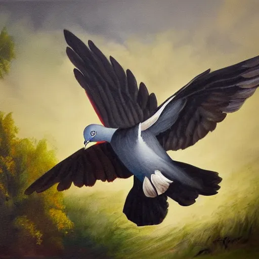 Prompt: a dramatic painting of a fierce attack pigeon