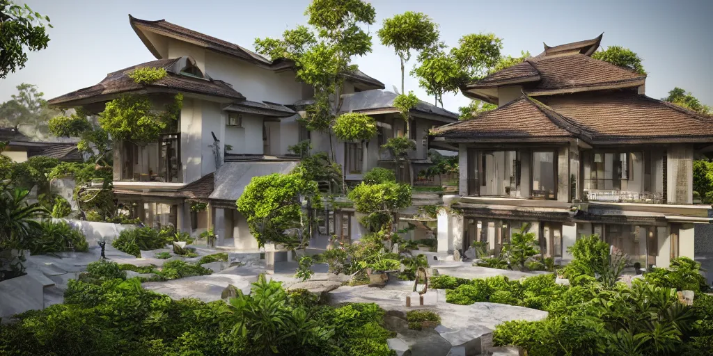 Image similar to 3d rendering of beautiful nature meets architecture concept of a residential house. balinese architecture, volumetric lighting, luxury, high detail, 14mm, cinematic photography, cg architects, high resolution