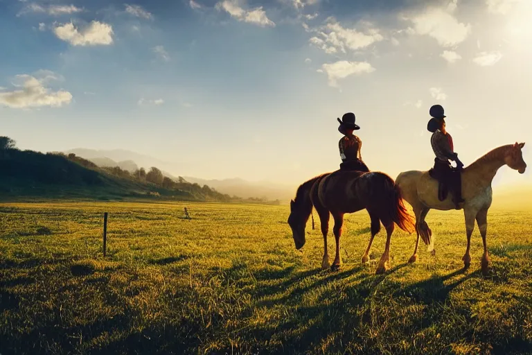 Image similar to a beautiful photograph of a chicken riding a horse through a vast serene landscape, rivers and fields run through the landscape and the sun rises over the hilltops