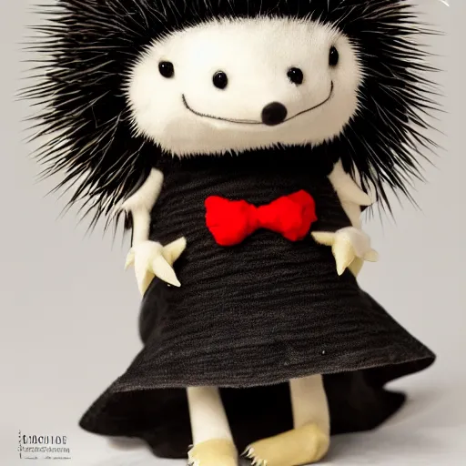 Image similar to cute fumo plush of a hedgehog girl with prickly spines, character design contest winner, silhouette, artstation, vray, anime girl, black and white, striped gothic dress, regal