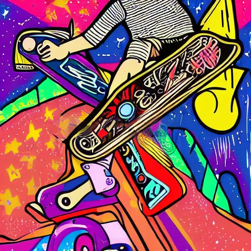 Prompt: vibrant illustration of a skater boy, stickers and logos, cosmic art, design graphics, memphis, old school, colors and shapes