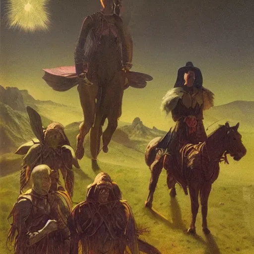 Image similar to group of 4 new adventurers, at a farm, morning, fantasy, d & d, wayne barlowe