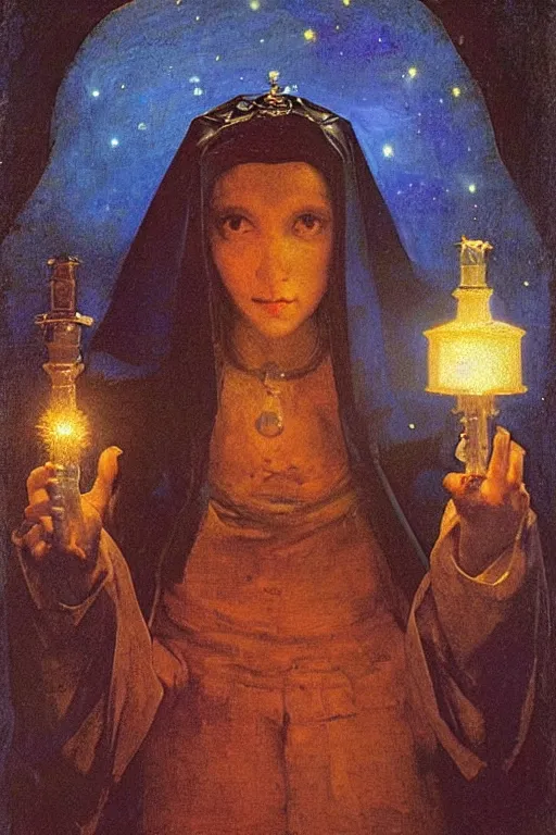 Image similar to queen of the darkness with her lantern and her stars, by Annie Swynnerton and Nicholas Roerich and Vermeer, strong dramatic cinematic lighting , ornate headdress , lost civilizations, smooth, sharp focus, extremely detailed