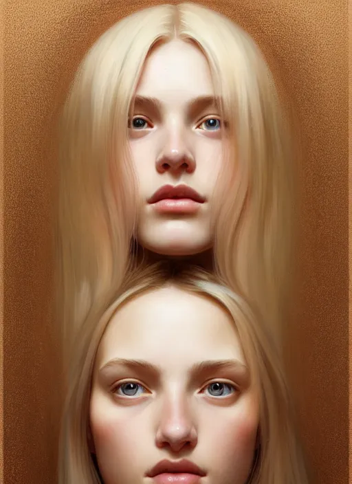 Image similar to beautiful symmetrical face, portrait of young woman blessed with ever - increasing physical and mental perfection, realism, blonde hair, perfect face!! intricate, elegant, highly detailed, vision of holy perfection!! digital painting, artstation, concept art, smooth, sharp focus, illustration, humanity, art by artgerm and greg rutkowski and alphonse mucha