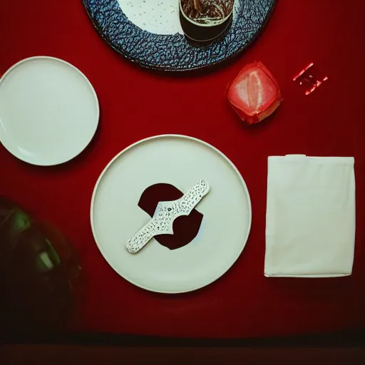 Prompt: photo of dinner plate filled with bloody razer blades cinestill, 800t, 35mm, full-HD