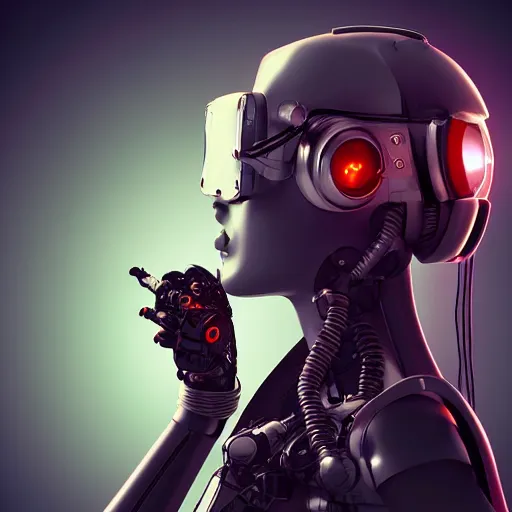 Image similar to retro vintage sci - fi, female cyborg robot wearing vr headset, 3 d illutration, profile portrait, night, detailed, cyberpunk style,