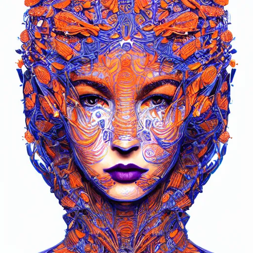 Image similar to the head of an incredibly beautiful and elegant woman partially made of carrots and blueberries, an ultrafine detailed illustration by james jean, final fantasy, intricate linework, bright colors, behance contest winner, vanitas, angular, altermodern, unreal engine 5 highly rendered, global illumination, radiant light, detailed and intricate environment