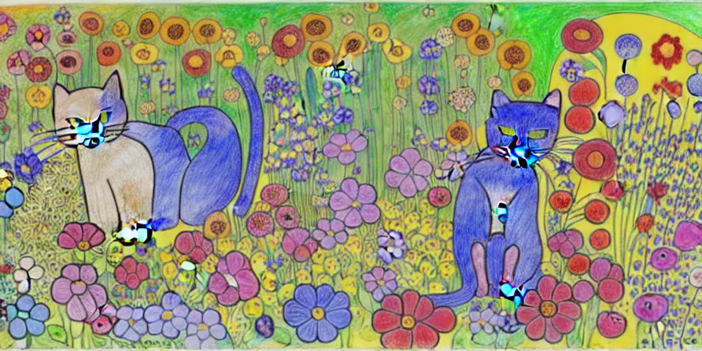 Prompt: cat playing in a garden of flowers, a mix media painting by laurel burch and Leonardo da Vinci and Natalia Goncharova, cluttered , child's drawing, art by Studio Ghibli, anime, thick black lineart