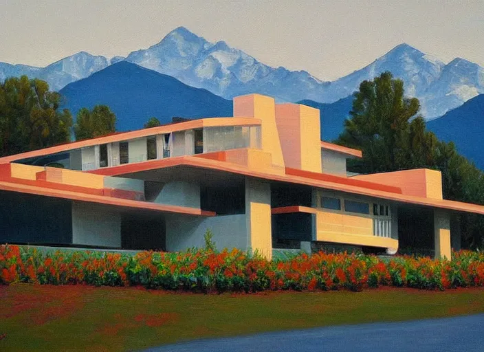 Image similar to painting of a frank lloyd wright house in front of beautiful mountains by wayne thiebaud