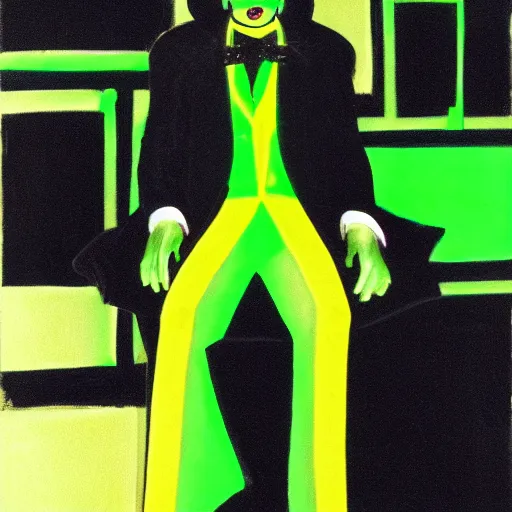 Prompt: man with neon green clothing, a scarf and a tophat sitting down in a black void,