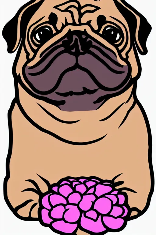 Prompt: portrait of a flower pug, art by milka oxana, sticker, colorful, illustration, highly detailed, simple, smooth and clean vector curves, no jagged lines, vector art, smooth