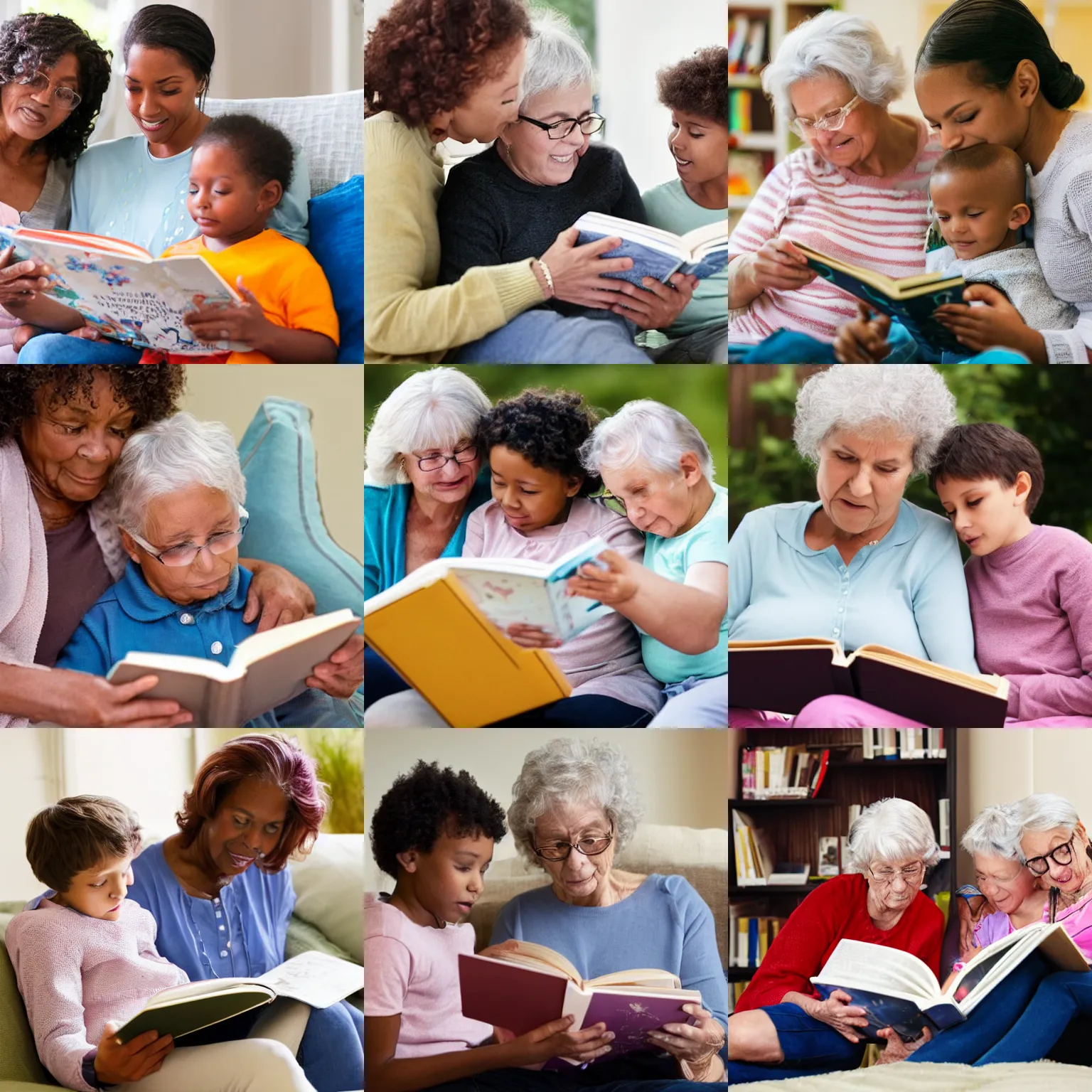 Prompt: a grandmother reading a book to her grandson and granddaughter