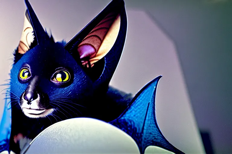 Prompt: a blue - and - black male catbat fursona with blue / green heterochromatic eyes ( differently - colored eyes ) and huge bat ears, photo of the catbat streaming on his computer