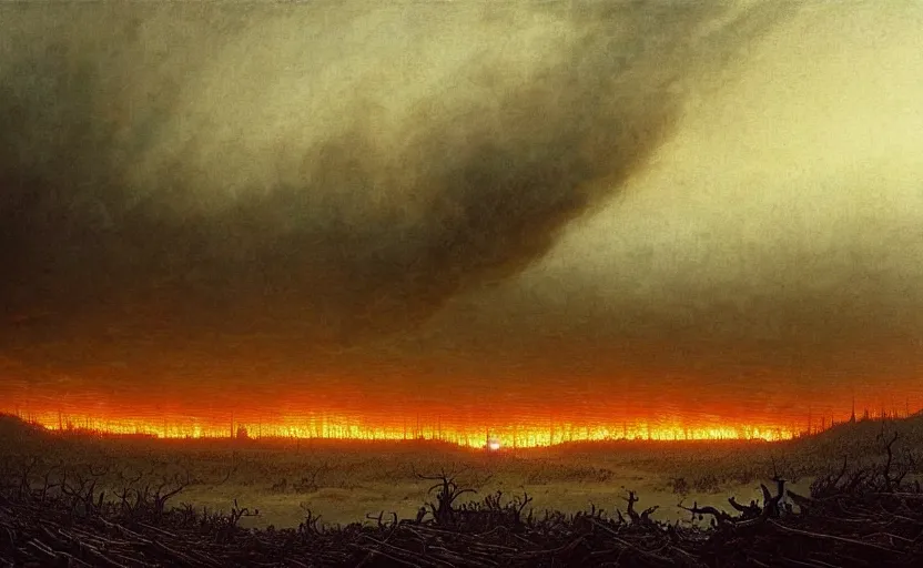 Image similar to a plague of locusts over burning forest. desolate landscape. fields on fire. greg rutkowski gustave dore caspar david friedrich dystopian hyperdetailed landscape. millions of tiny locusts in the sky