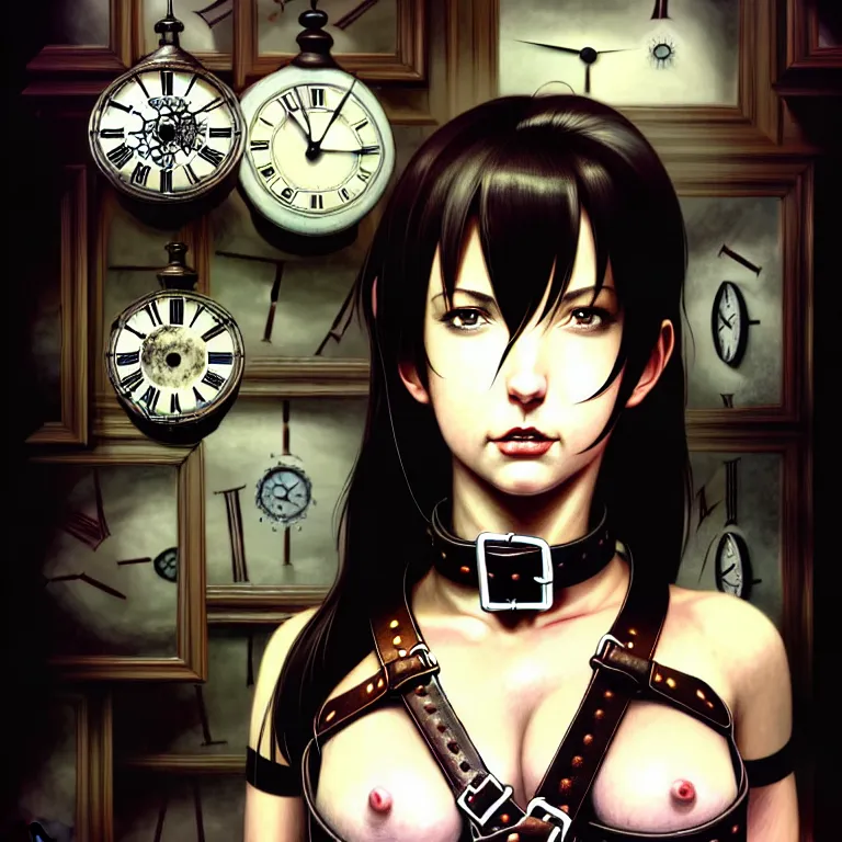 Image similar to bemused to be locked in a leather neck restraint, Tifa Lockhart in a full frame zoom up of her face and neck, looking upwards in a room of old ticking clocks, complex artistic color ink pen sketch illustration, full detail, gentle shadowing, fully immersive reflections and particle effects, concept art by Artgerm, art by Range Murata, art by Studio Ghibli