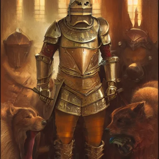 Image similar to knight armor, anthropomorphic shiba inu, medieval tavern, stuning 3 d render, masterpiece, glowing aura, by donato giancola and greg rutkowski and wayne barlow and zdzisław beksinski, realistic face