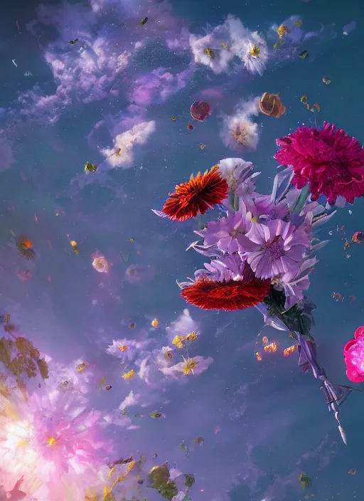 Image similar to An epic fantastic realism comic book style painting of the most beautiful flowers launched into space, bouquets, fisheye lens, unreal 5, DAZ, hyperrealistic, octane render, dynamic lighting